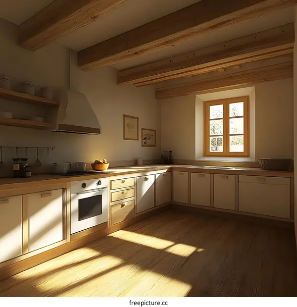 Modern Kitchen Design With Wooden Beams and Sunlight Streaming In
