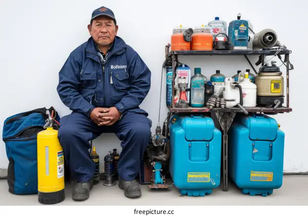 A Bolivian man sits on a blue plastic box next to a white wall