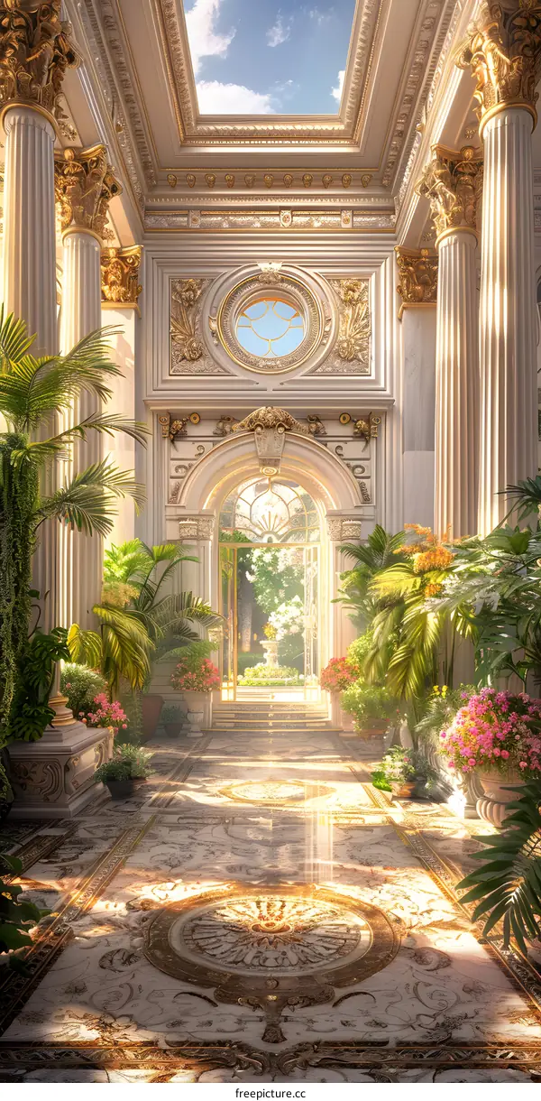 Ornate Palace Interior with Golden Accents and Palm Trees