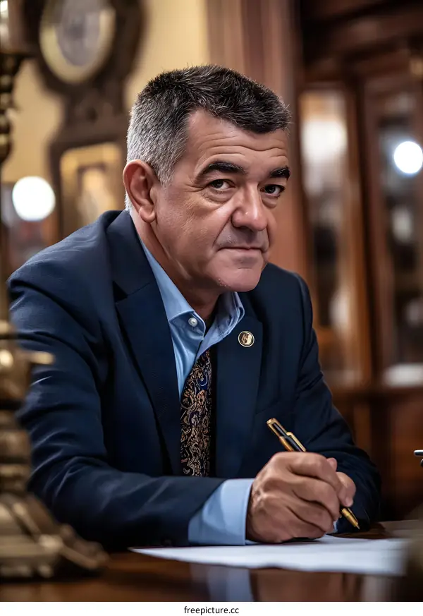 Man in Suit Sitting at Desk Writing