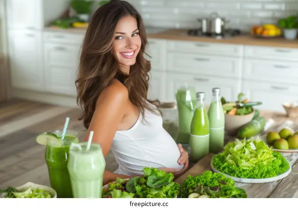 Pregnant woman eating healthy food