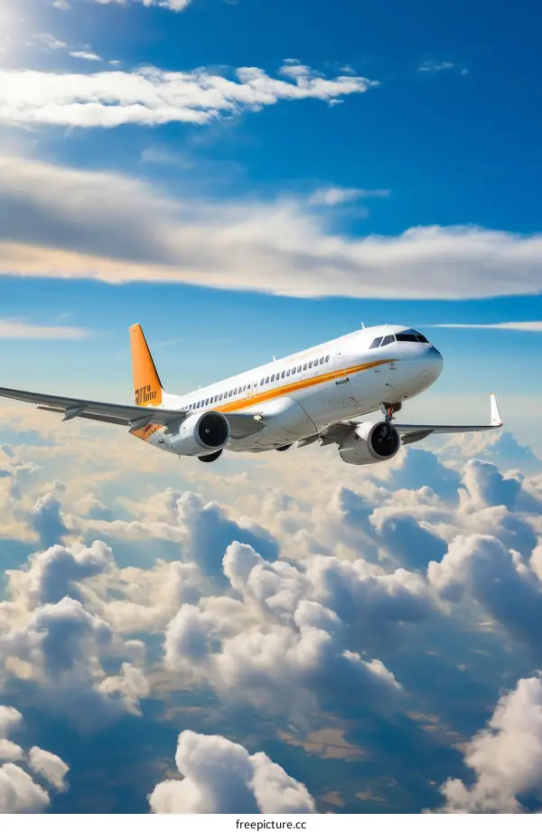 An illustration of a white and orange passenger plane flying high in the sky above the clouds