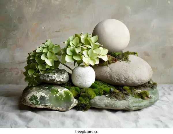 Green Plant with Stones and Moss Arrangement