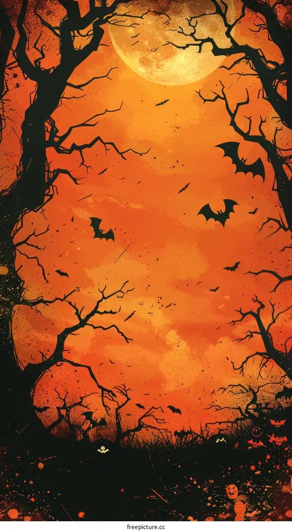 Bats flying in a spooky orange forest with a large moon in the background