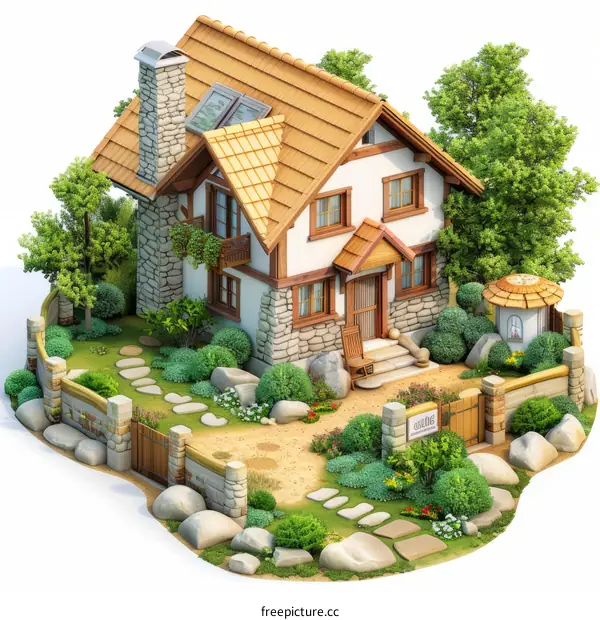 Small cottage house with stone walls and a garden