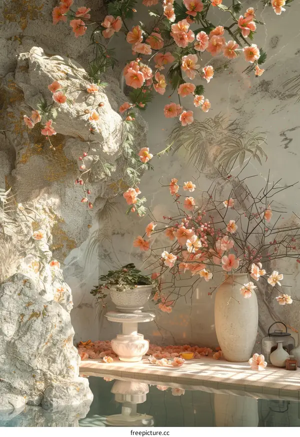 A beautiful indoor garden with a stone sculpture, peach blossom, and a vase of flowers.