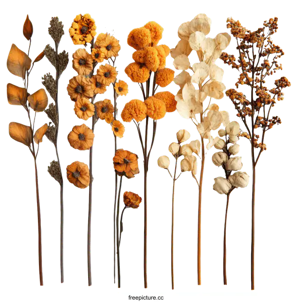 [Transparent Background PNG]Arrangement of Dried Flowers and Plants on White Background