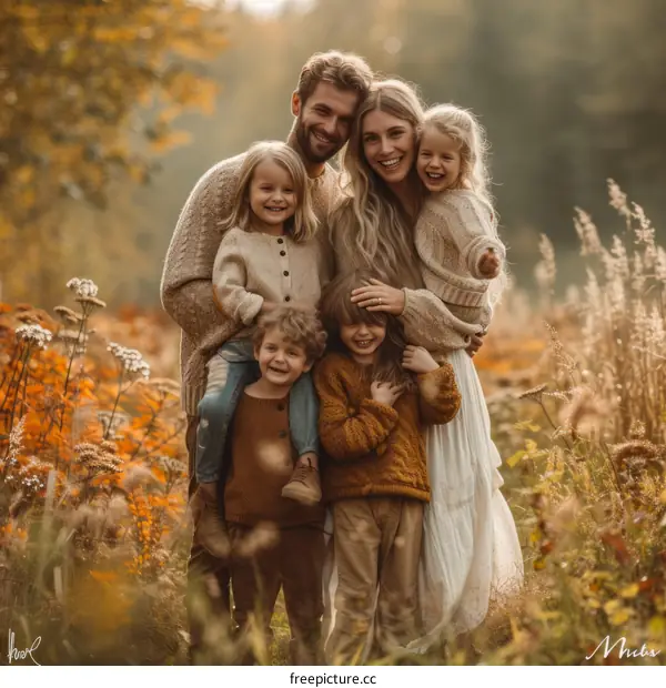 Happy family of five in a field of flowers