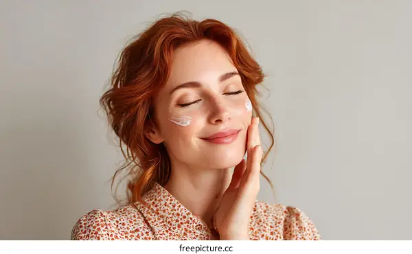 Woman Applying Facial Cream with Relaxed Expression