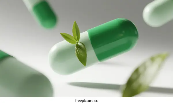 Green Capsules with Fresh Leaves Floating in Air