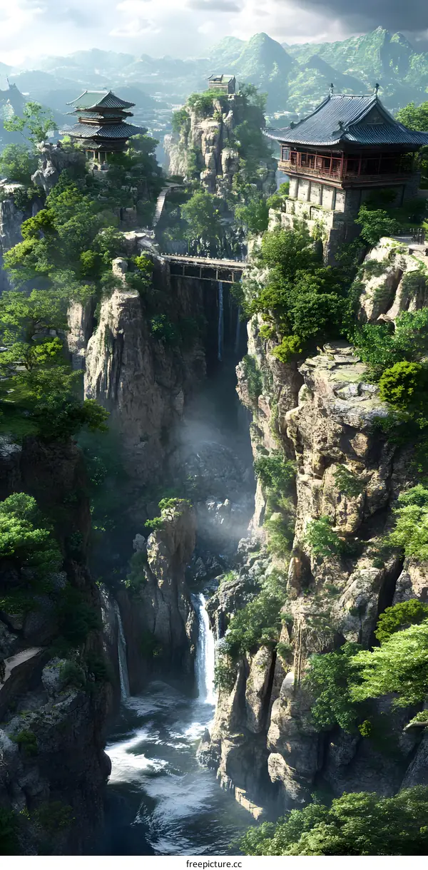 Waterfall Flowing Through Mountains and Temple