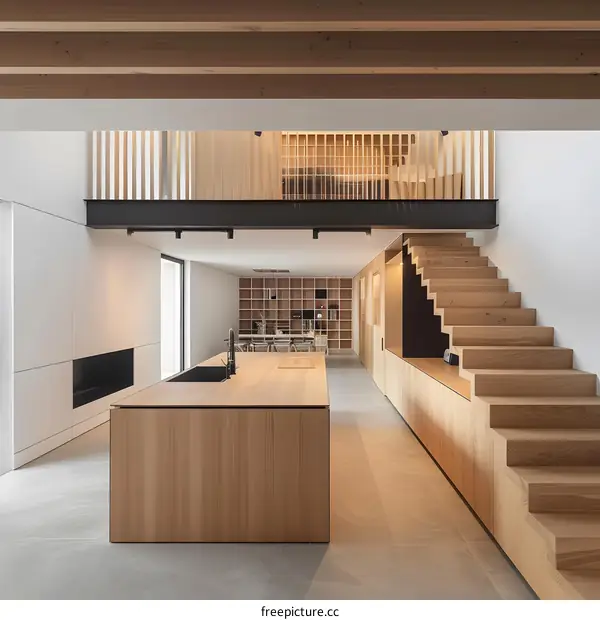 Modern Minimalist Kitchen Interior Design with Wooden Stairs and Island Counter