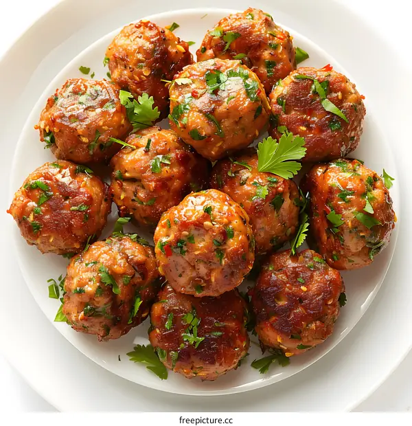 Meatballs with herbs on a white plate