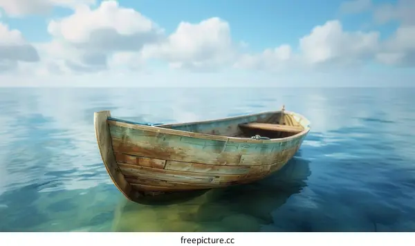 Wooden boat on calm water with white clouds in the background