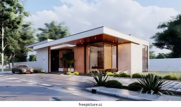 Modern House Exterior Design With Brick Wall And Glass Windows