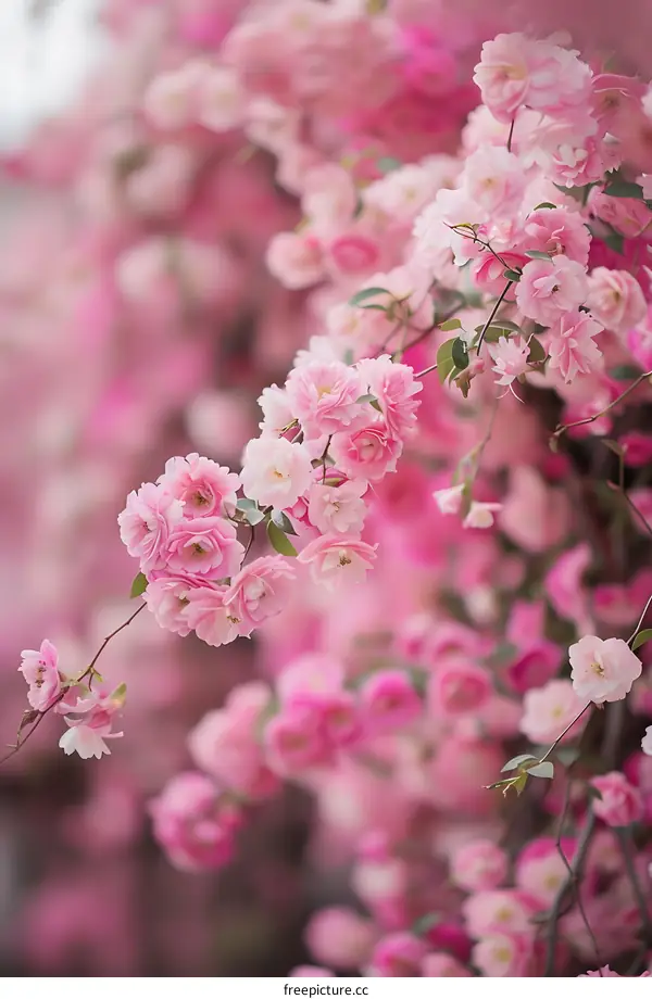 Close Up Pink Flowers Blooming On Branches