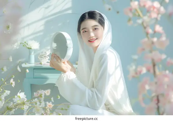 Portrait of an Asian Young Woman in a White Dress Holding a Mirror