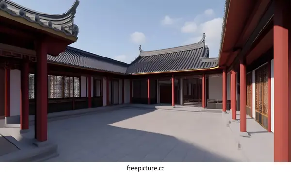 Traditional Chinese Architecture Courtyard with Red Columns
