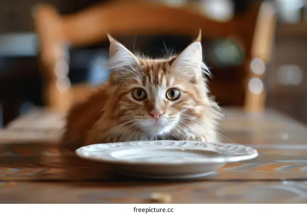 A ginger cat sits in front of an empty plate