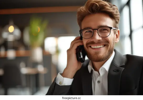 Bearded man in suit smiling while talking on phone