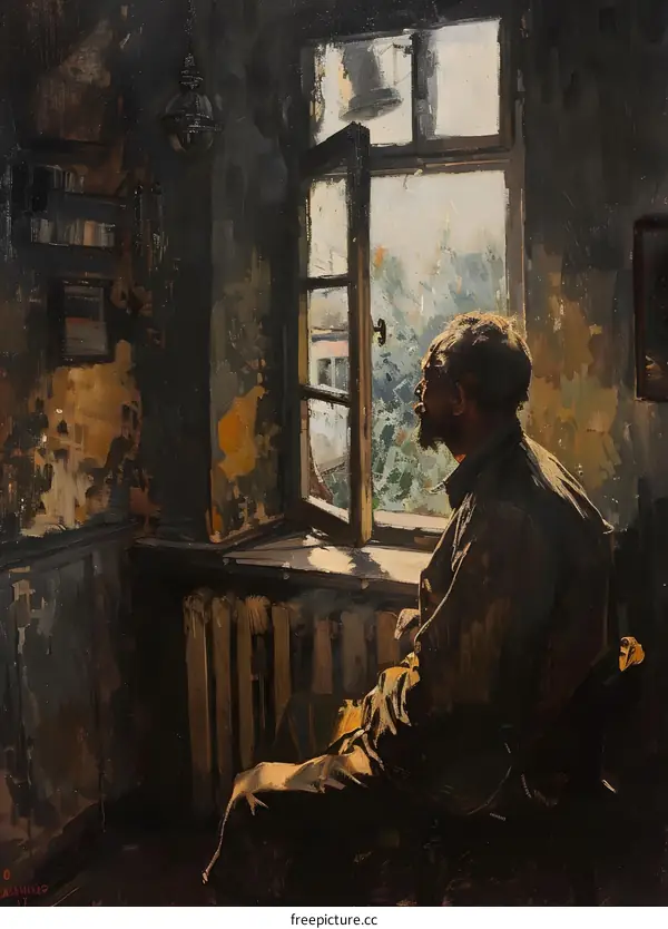 An old man is sitting in a dark room and looking out the window