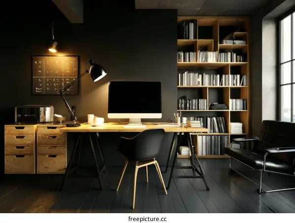 Modern Home Office with Wooden Furniture and Bookshelves