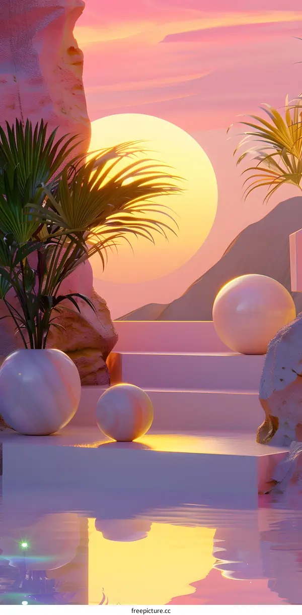 Pink Sunset with Palm Trees and Geometric Shapes