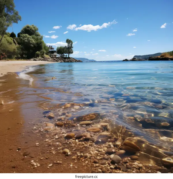 Tranquil Beach with Clear Turquoise Waters, Lush Green Trees and Blue Sky