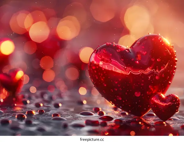Two red glass heart-shaped ornaments on a reflective surface with red and orange blurred lights in the background