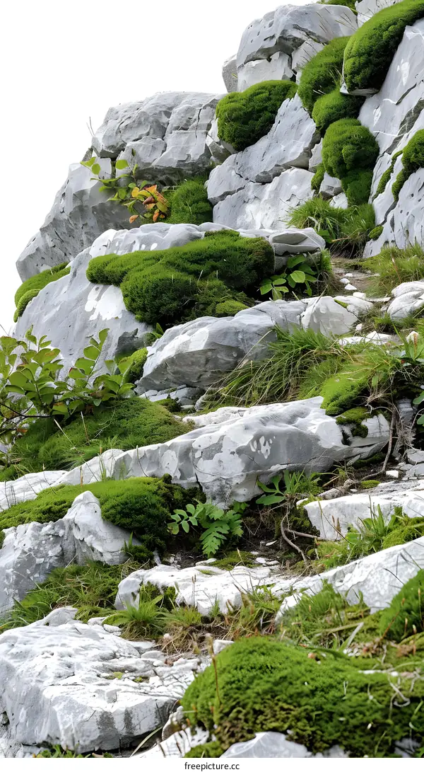 Green Moss Growing On Gray Rocks