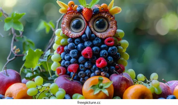 Berries, Blueberries, and Grapes Artfully Assembled into an Owl