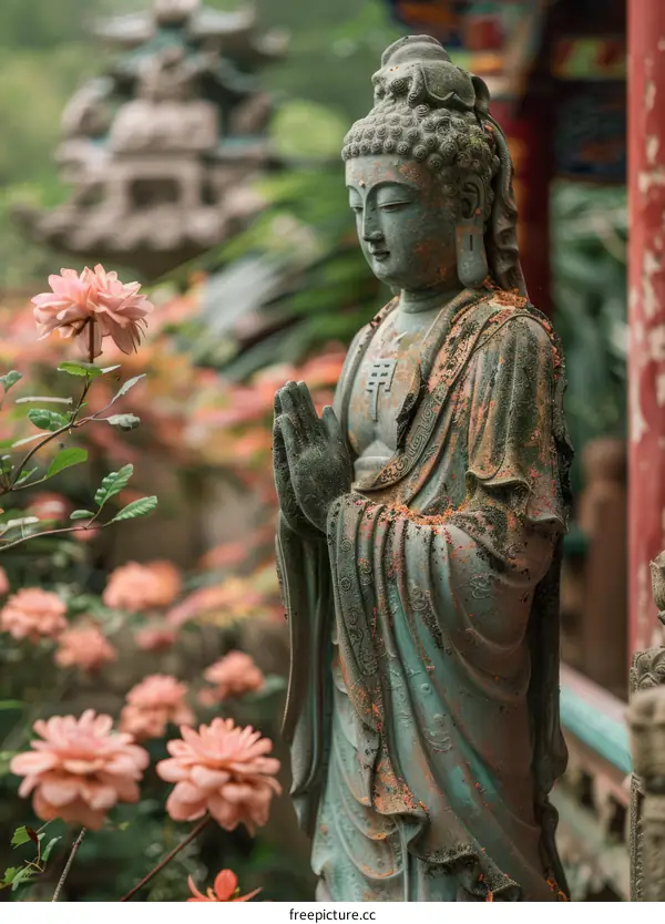 A weathered statue of Buddha stands in a garden with pink flowers.
