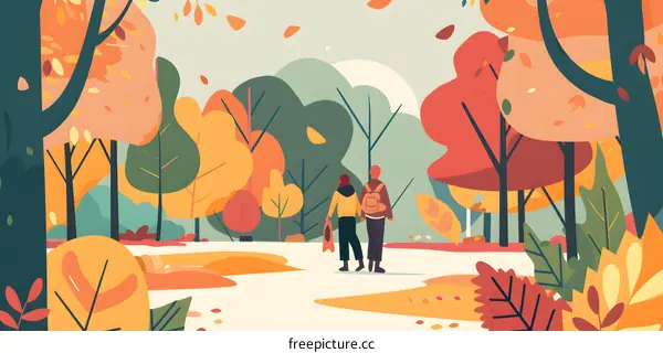Couple Walking Through Autumn Forest Illustration