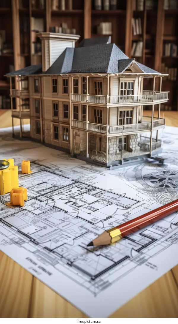 3D model of a house on top of blueprints with a pencil and some yellow objects