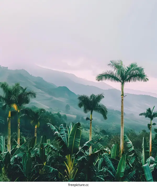 Green Hills and Palm Trees in Tropical Landscape