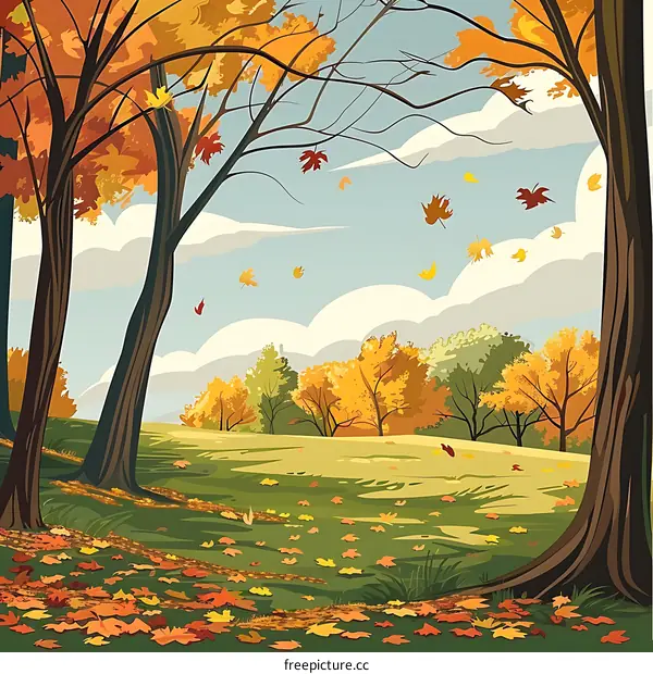 Autumn Landscape with Falling Leaves