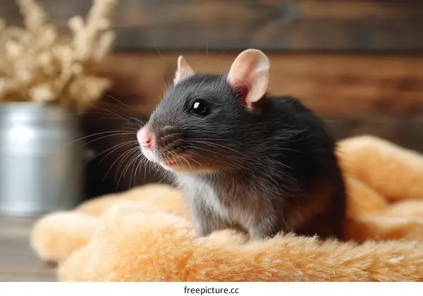 Close-up of a Black Rat on an Orange Blanket