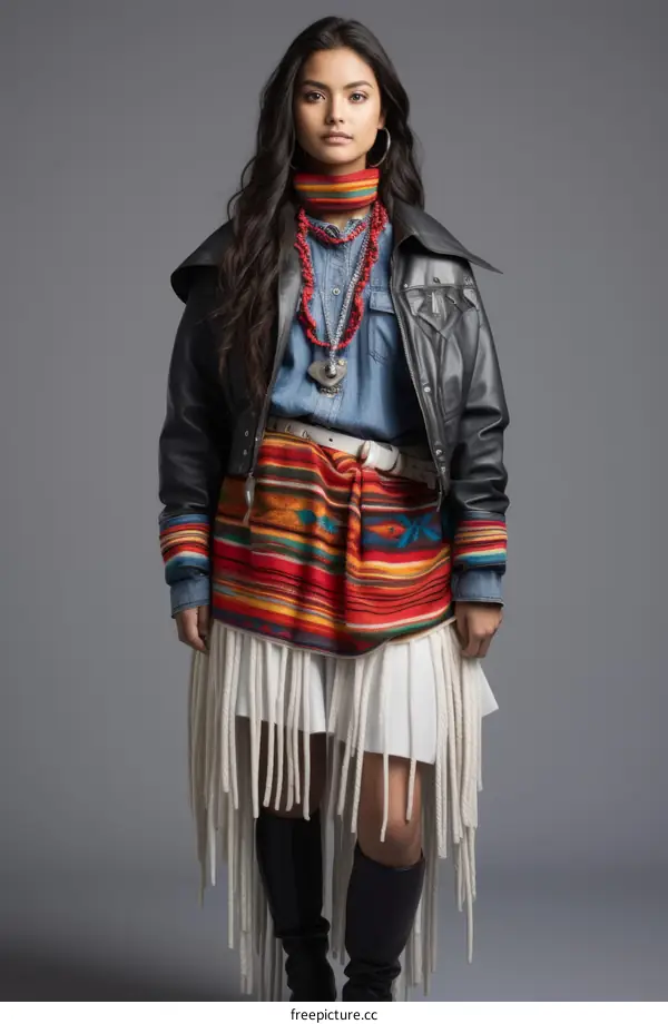 model wearing a leather jacket and a colorful skirt