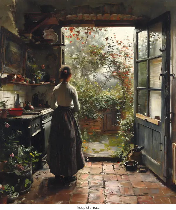 A Young Woman Standing in a Kitchen Doorway