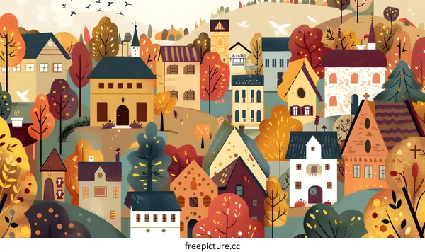 Autumn Village Illustration with Colorful Houses and Trees