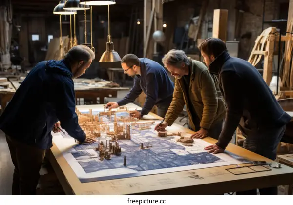 Four people gathered around a table covered with a blueprint