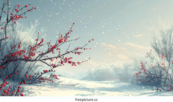 Red Berries on Snowy Branch and Snowy Forest