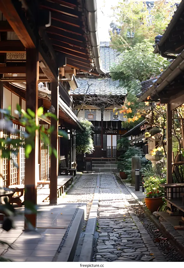 A cobblestone path in a traditional Japanese garden
