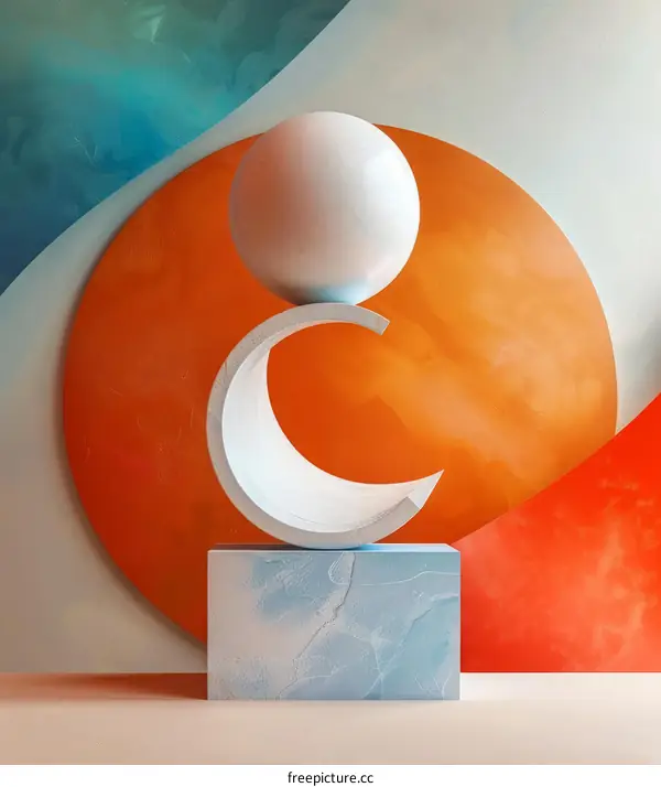 3D rendering of a crescent moon balancing on a rectangular plinth against an orange backdrop
