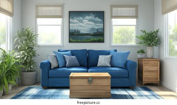 Cozy Living Room with Blue Sofa and Natural Light