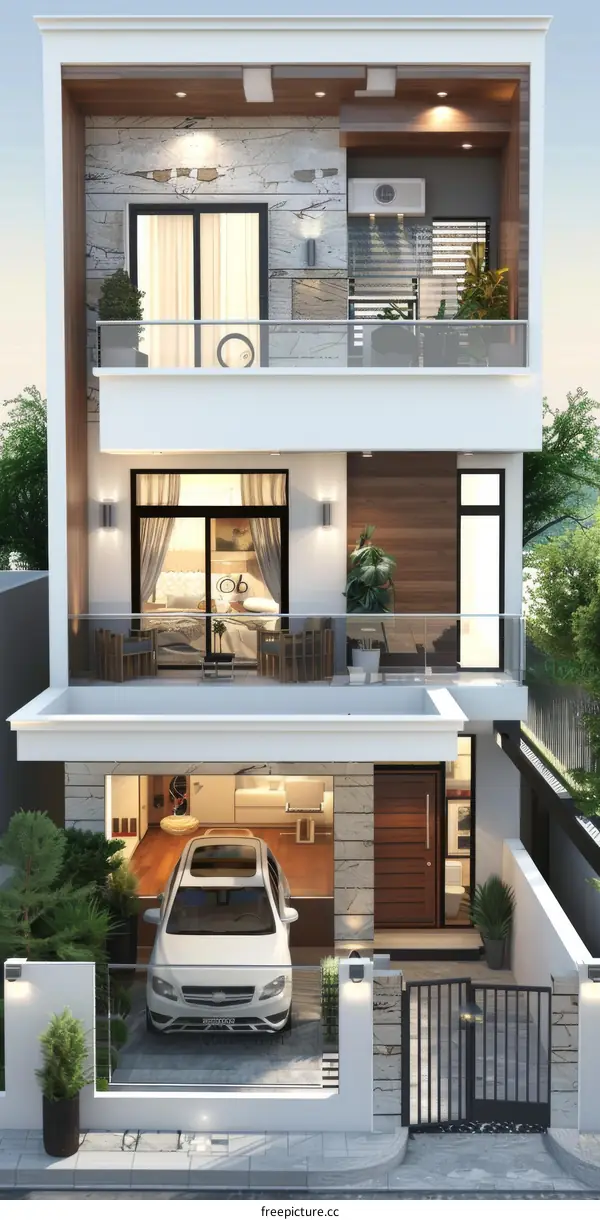 A three-story house with a modern design