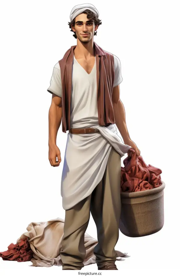 An illustration of a man wearing a turban and carrying a basket of clothes