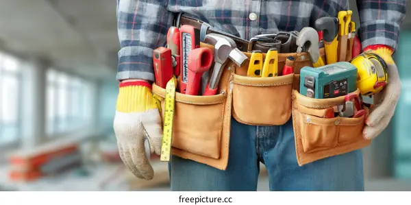 Handyman with a Full Tool Belt on Construction Site