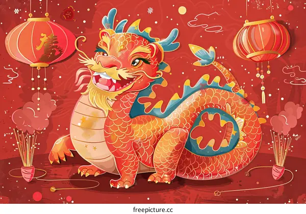 Red Dragon with Lanterns and Firecrackers for Chinese New Year