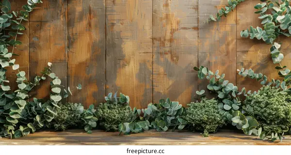 Fresh eucalyptus branches on a wooden background